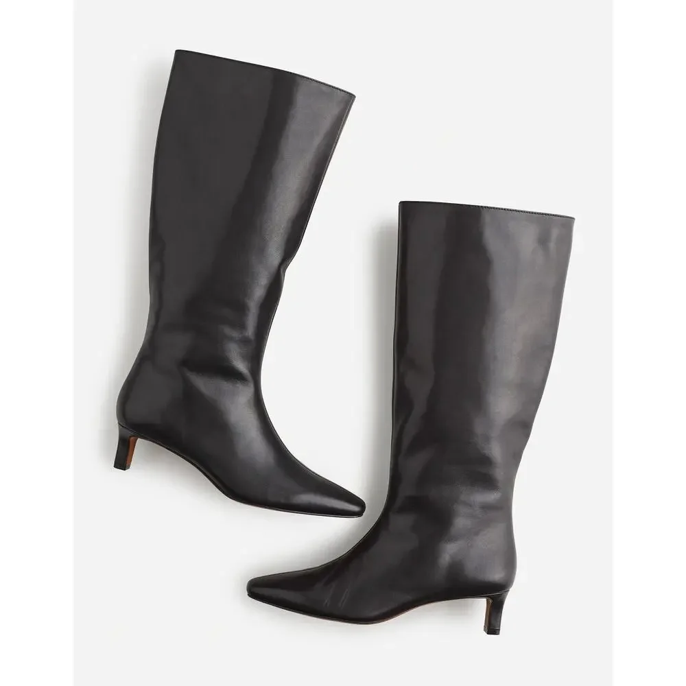 Madewell The Dimes Kitten-Heel Knee-High Boot Extended Calf Leather Black Size 8